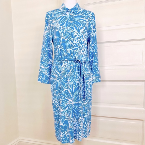 Talbots Dresses & Skirts - Talbots Blue and White Floral Stretch Shirtdress, Size Large